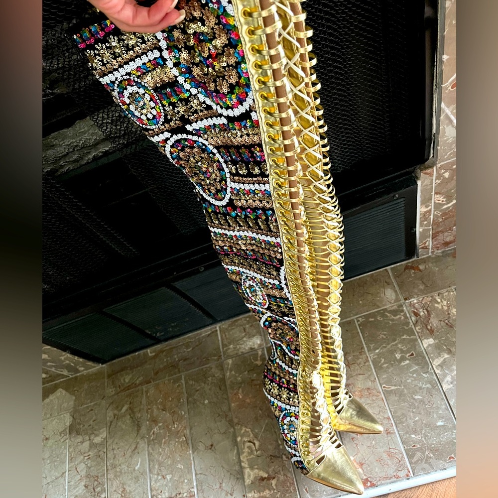 Multicolor sequenced boot — thigh high boots